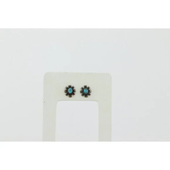 Sterling Silver Small Turquoise Earrings Stud Post 1/2" x 3/8" - Picture 8 of 8